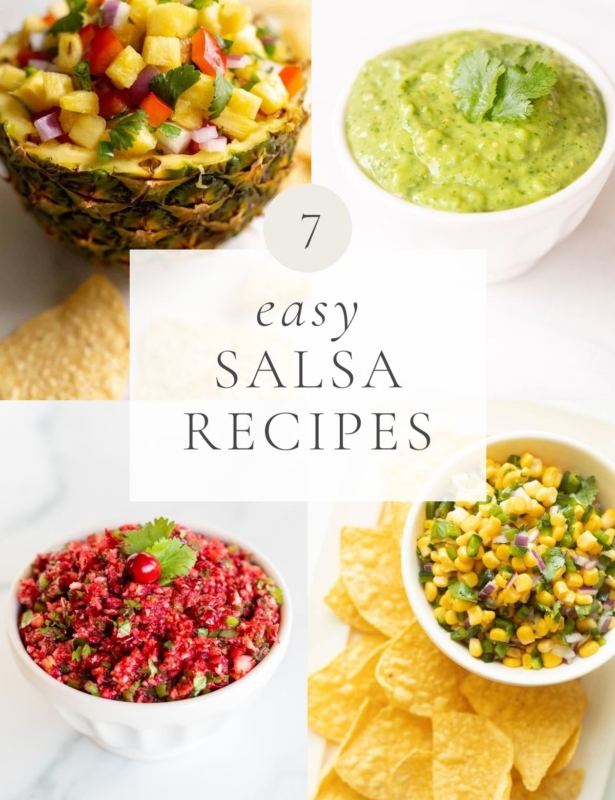 a graphic featuring salsa in various settings, with a title reading "7 easy salsa recipes"