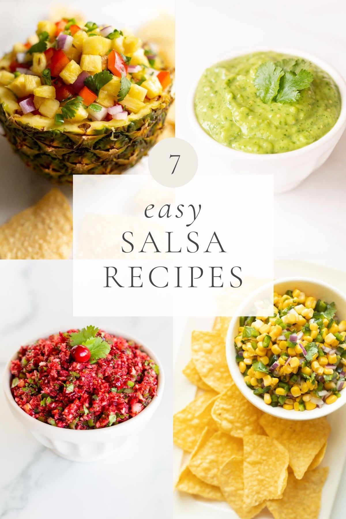 a graphic featuring salsa in various settings, with a title reading "7 easy salsa recipes"