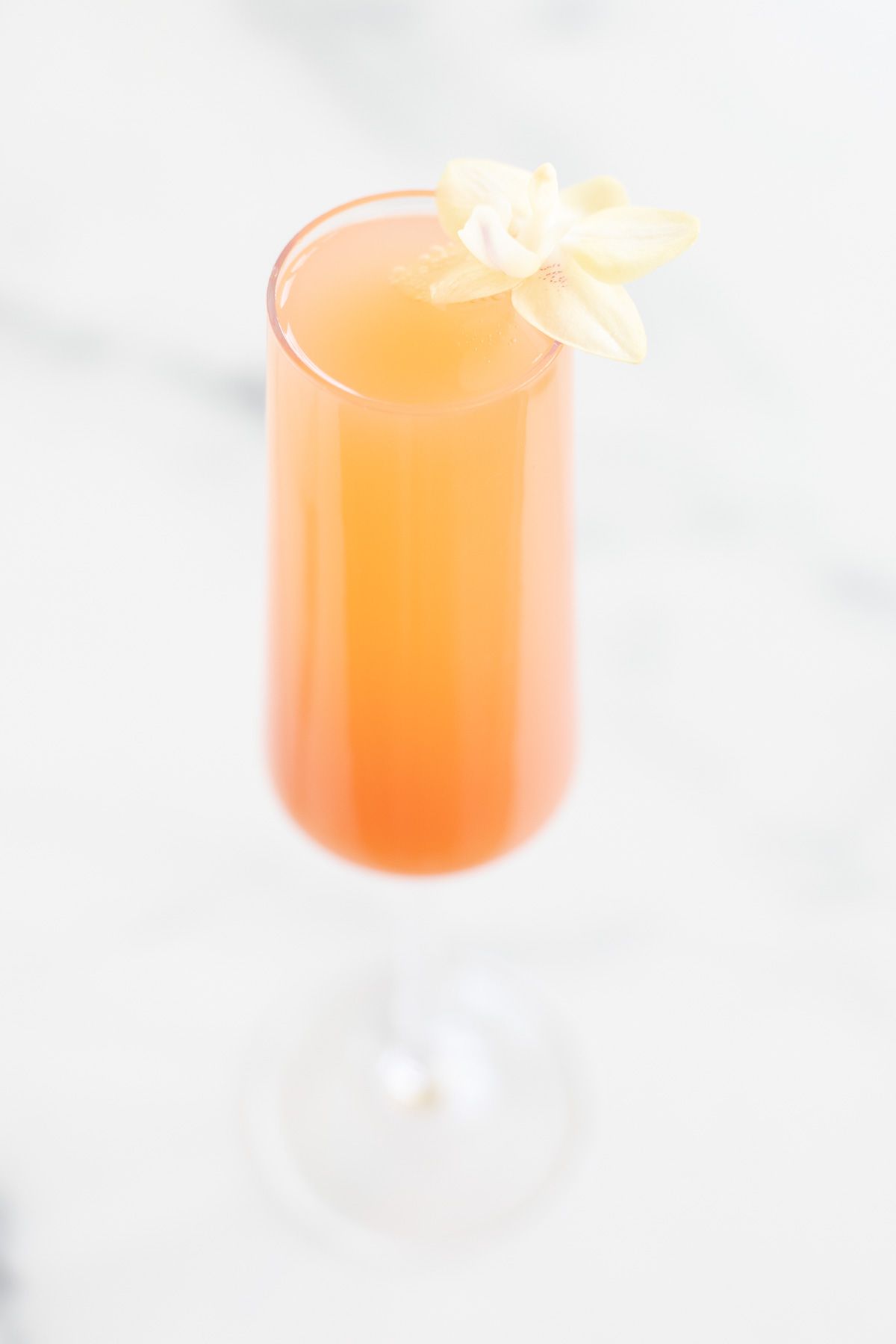 Grapefruit juice and champagne on a marble surface, garnished with a flower 