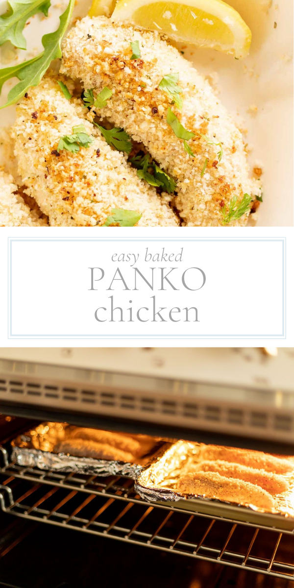 Oven-baked panko chicken on a plate in the top photo. Bottom photo is an opened oven with a baking sheet of panko breaded chicken inside on the rack.