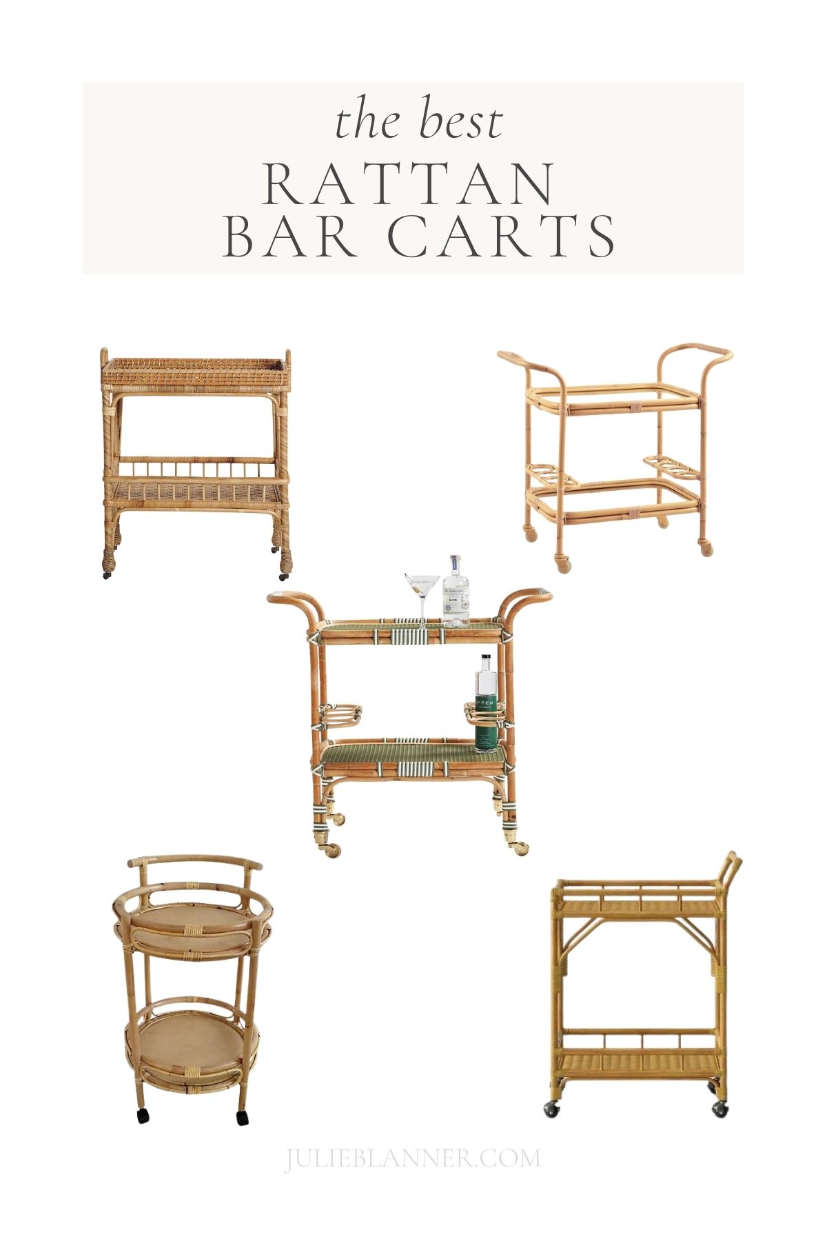 A graphic with a white background, featuring rattan bar carts.