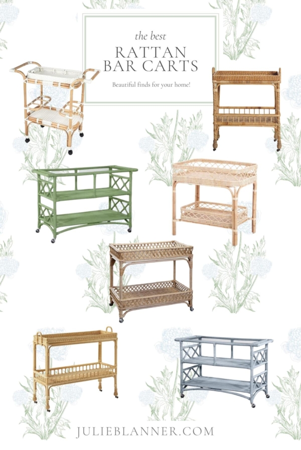 A graphic with the headline of "best rattan bar carts" featuring a variety of rattan bar cart images, attributed to www.julieblanner.com