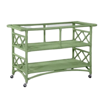 A green rattan bar cart