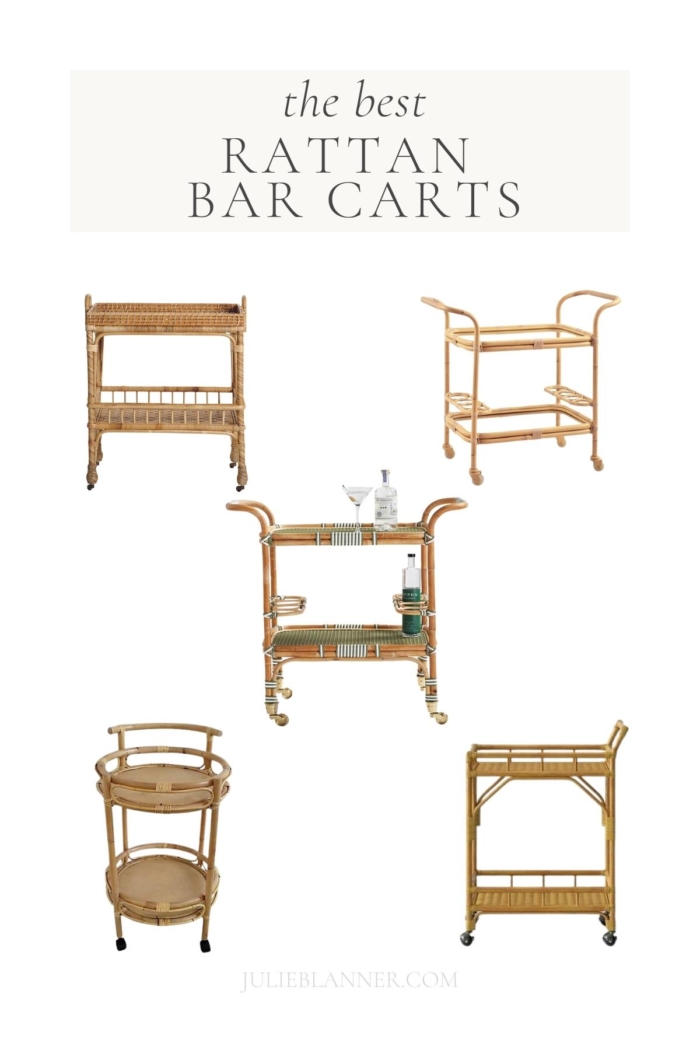five rattan bar carts with bottles and glasses