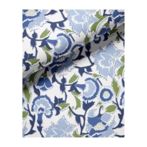 A blue and green floral print on white fabric, reminiscent of Serena and Lily wallpaper.