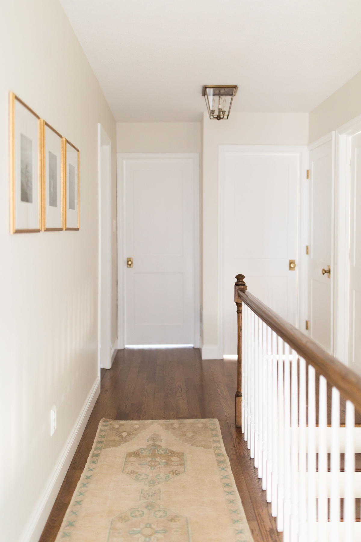 White hallway with traditional area rug on hardwood floors