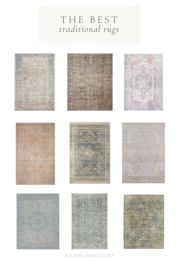 A graphic featuring 9 rugs in blues, greens and neutral colors, with a title reading "the best traditional rugs"