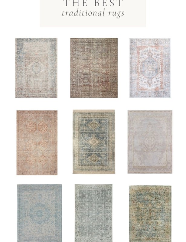 A graphic featuring 9 rugs in blues, greens and neutral colors, with a title reading "the best traditional rugs"