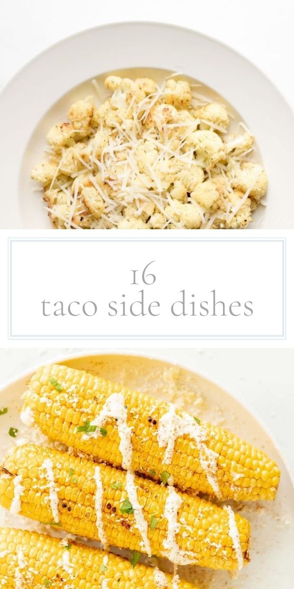 Top photo is a white plate of fiesta cauliflower. Bottom photo is a photo of three ears of elote corn.