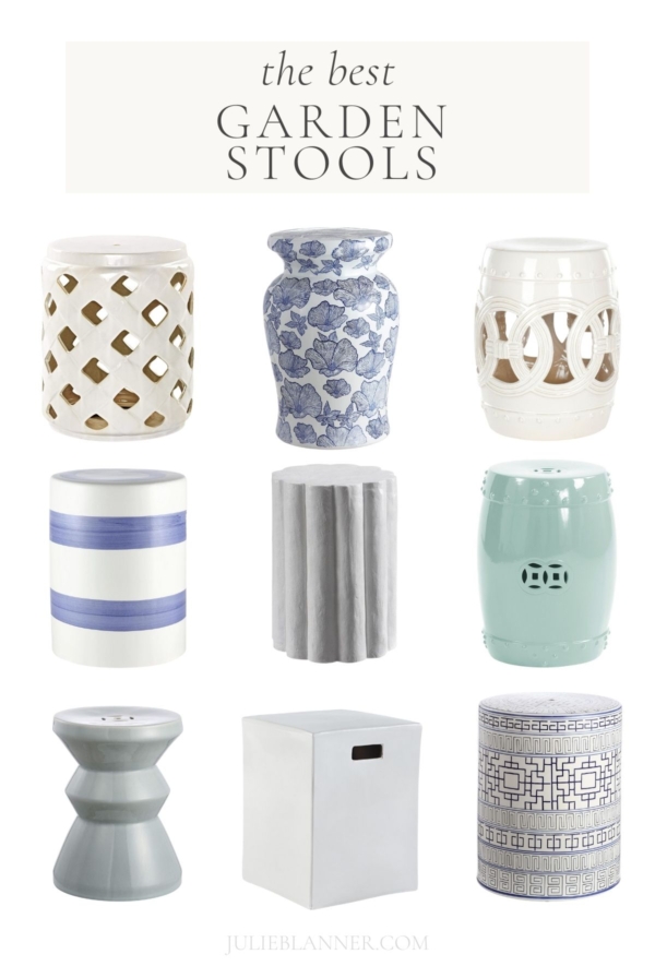 A graphic with the title "the best garden stools" and images of ceramic garden stools throughout.