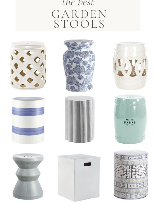 A graphic with the title "the best garden stools" and images of ceramic garden stools throughout.
