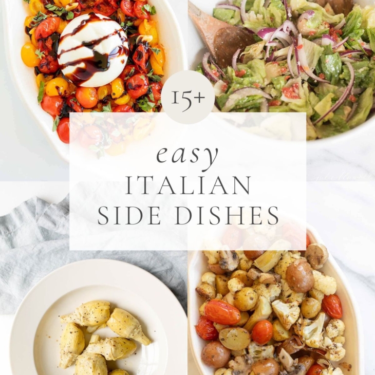 A graphic featuring four side dishes and the headline reads "15 easy italian side dishes