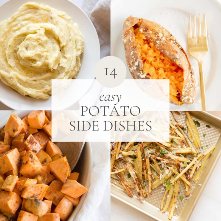 A graphic featuring a variety of potato sides, headline reads "14 easy potato side dishes"