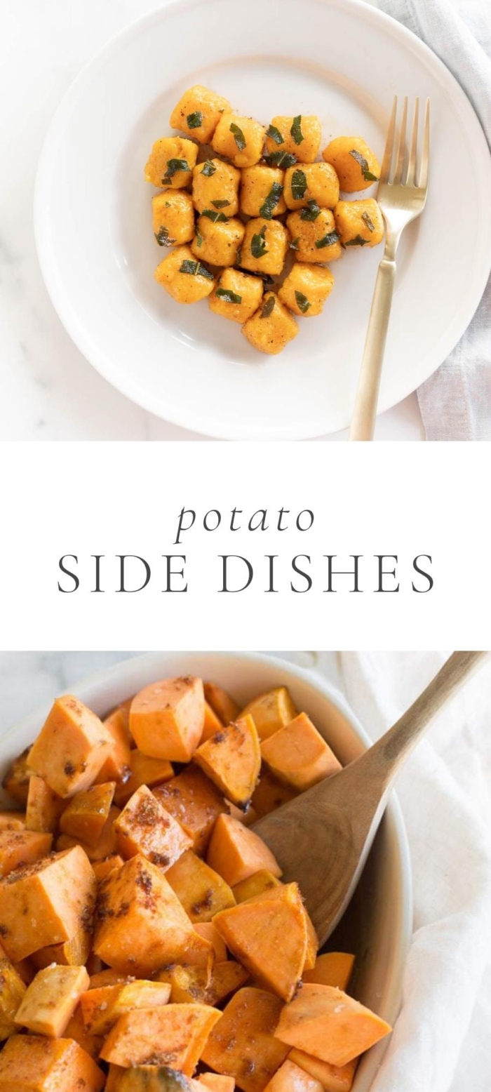 tater tots in plate and fork with napkin and sweet potato in big pan with wood spoon