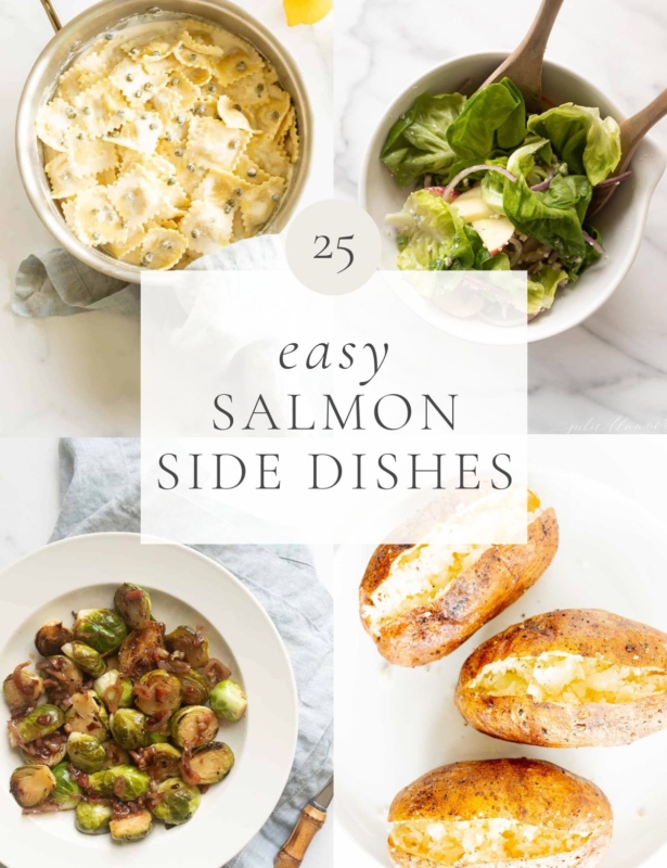 A graphic featuring side dish images and the title reads "25 easy salmon side dishes"