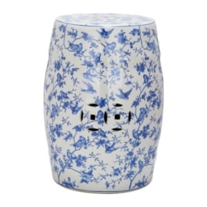A ceramic garden stool with birds on it in blue and white.