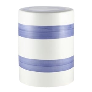 A blue and white striped ceramic stool on a white background.