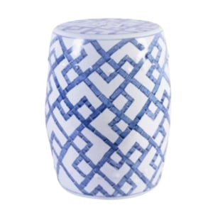A blue and white ceramic stool.