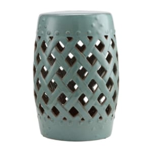 A blue ceramic stool with a lattice design, perfect for your garden.