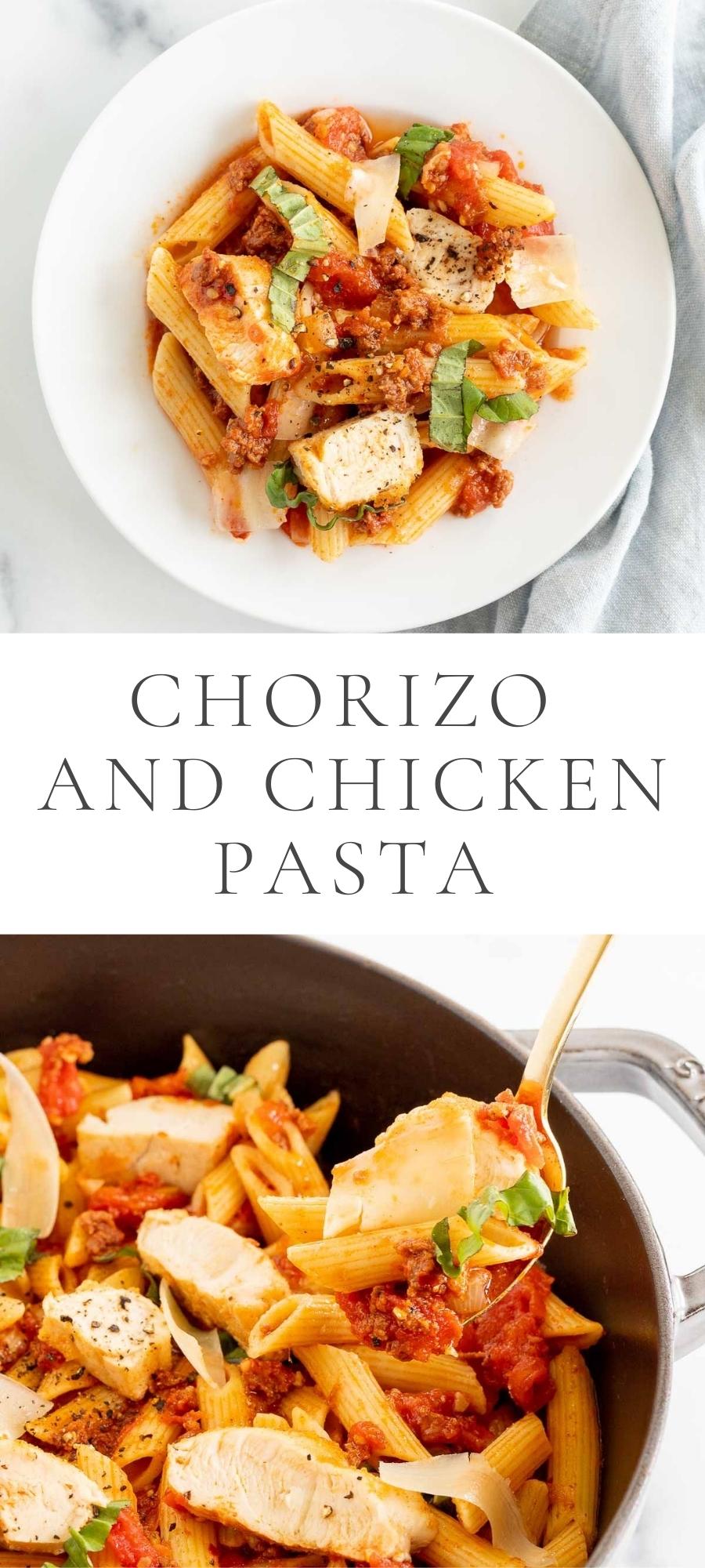 chorizo and chicken pasta in white plate and pan with wooden spoon