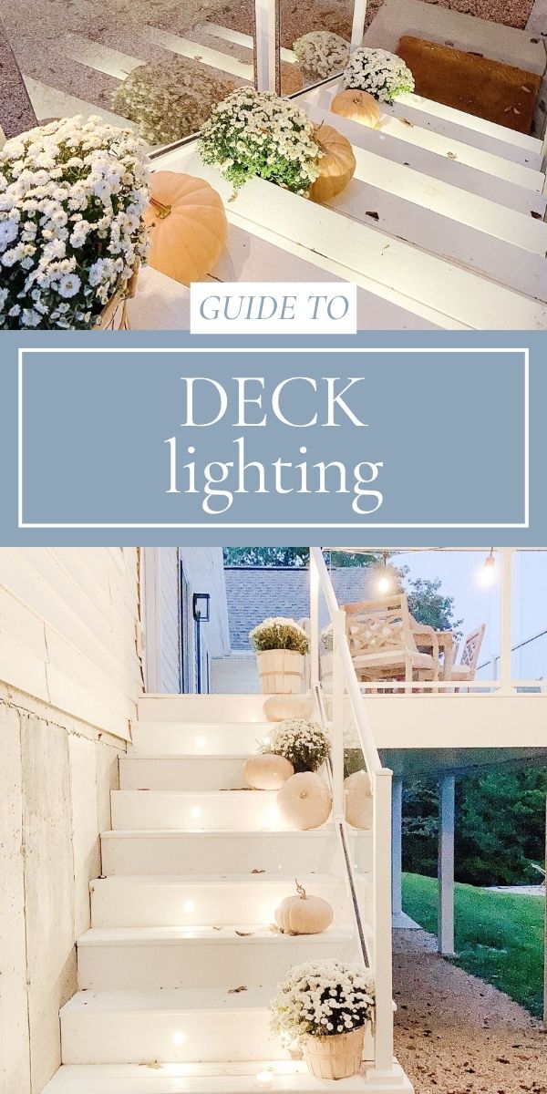 White stairs decorated with string lights, white flowers, and pale pumpkins lead up to a deck adorned with inviting patio furniture and elegant deck lighting.