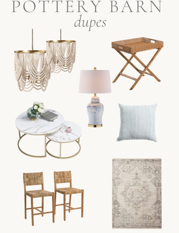An image full of Pottery Barn dupes of furniture and accessories.
