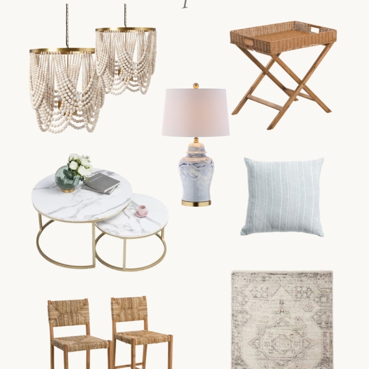 An image full of Pottery Barn dupes of furniture and accessories.
