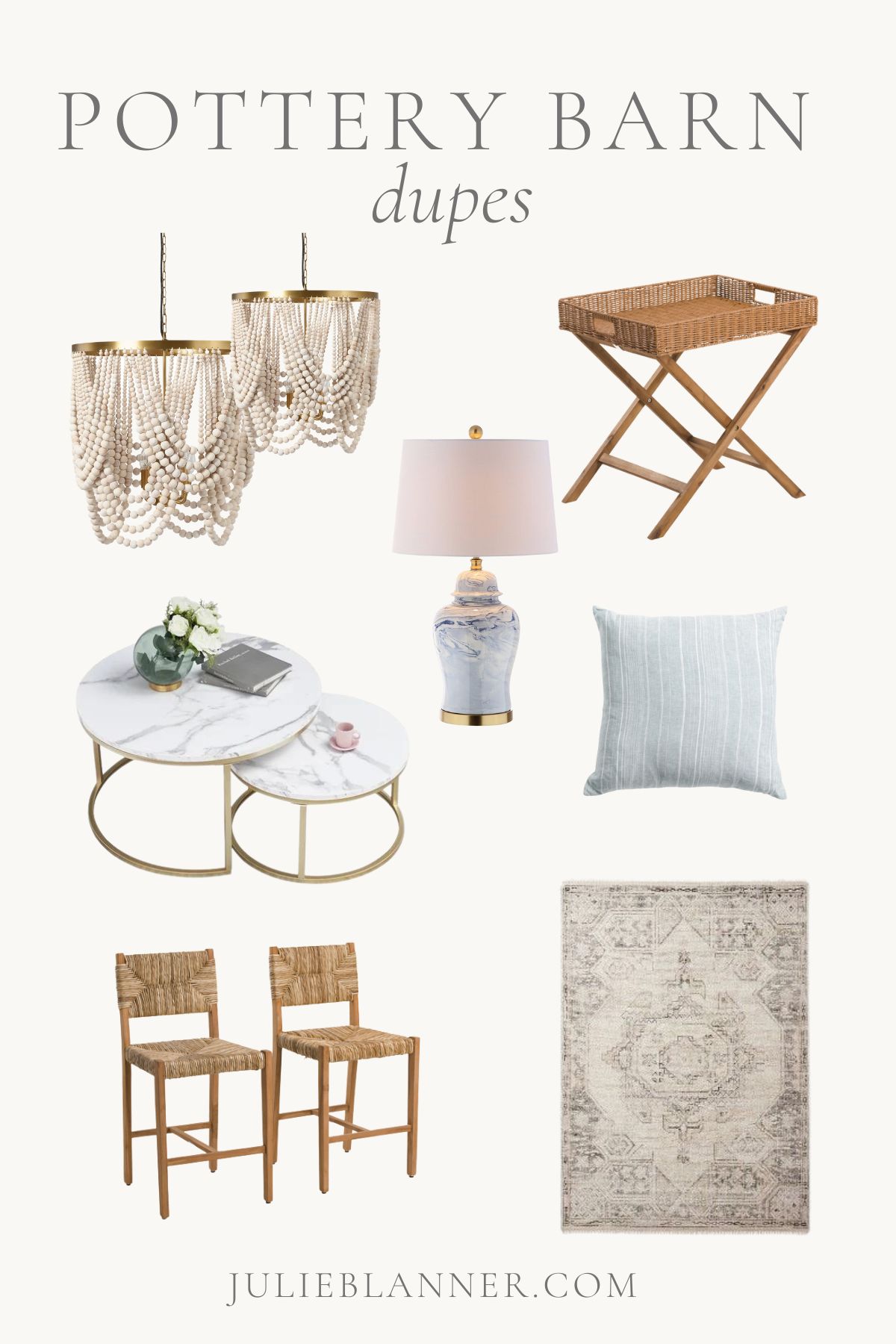 An image full of Pottery Barn dupes of furniture and accessories.