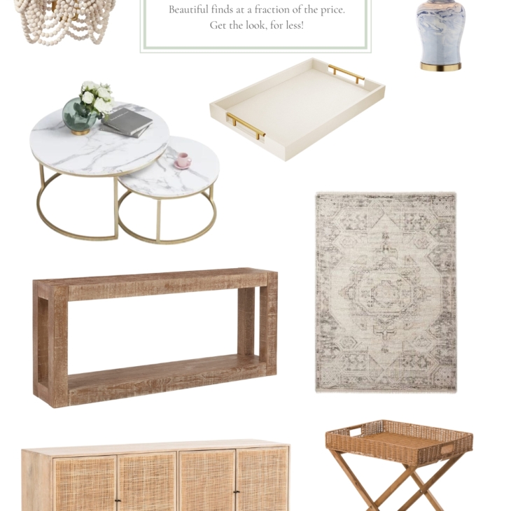 An image full of Pottery Barn dupes of furniture and accessories.