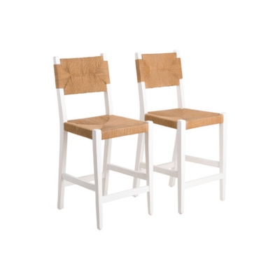 a pair of white and rattan bar stools