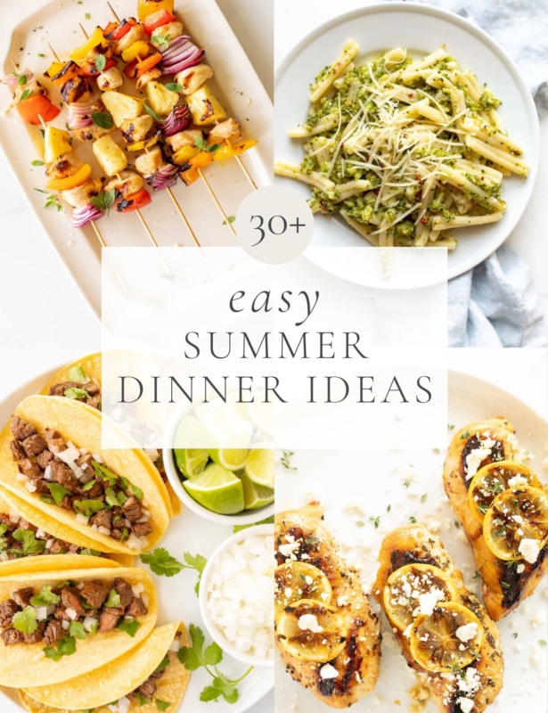A variety of dinner option on a graphic with a headline "30" easy summer dinner ideas"
