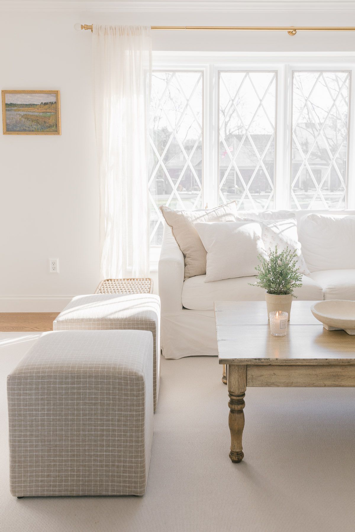 A white living room with two white sofas