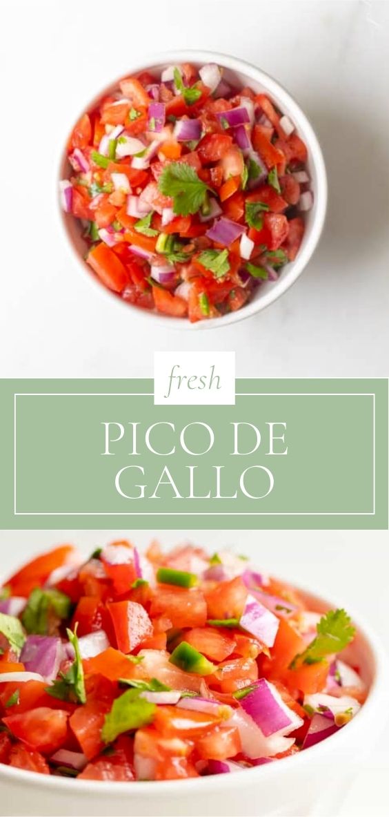 Fresh Pico de Gallo is pictured in a White bowl on a marble counter top.