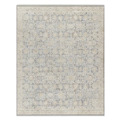 A grey and beige rug with an ornate design that provides an arhaus look for less.