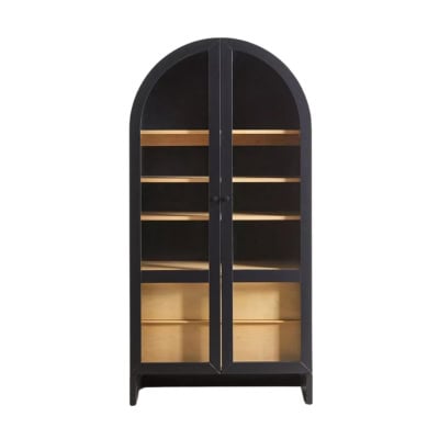 A black, arched display cabinet with glass doors and wooden shelves, offering an Arhaus look for less, standing upright.