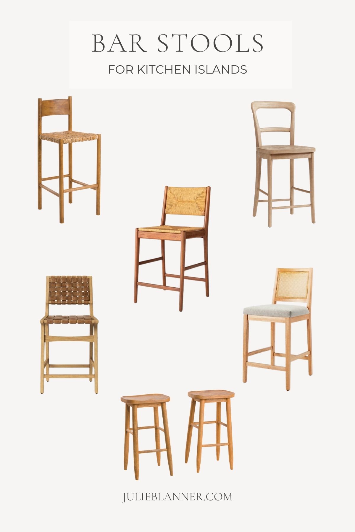 A graphic from julieblanner.com titled "bar stools for kitchen islands" with images of a variety of wooden bar stools