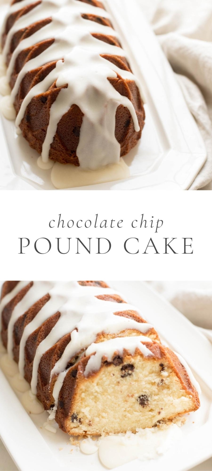 Chocolate Chip Pound Cake with glaze on white plate