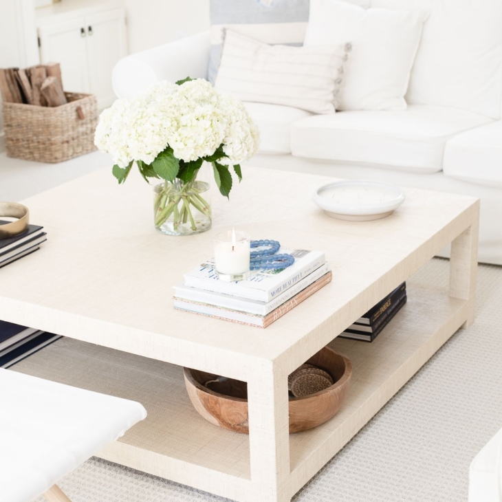 A white living room with coastal accents and blue and white coffee table decor.