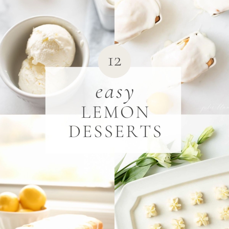 A graphic featuring a variety of lemon desserts, headline reads "12 easy lemon desserts"
