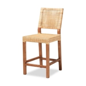 This bar stool features a rattan frame and a wooden seat.