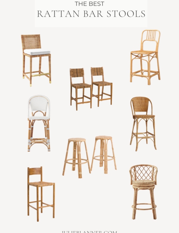A graphic featuring a variety of rattan bar stools. Title reads "the best rattan bar stools" and the image is attributed to www.julieblanner.com across the bottom.