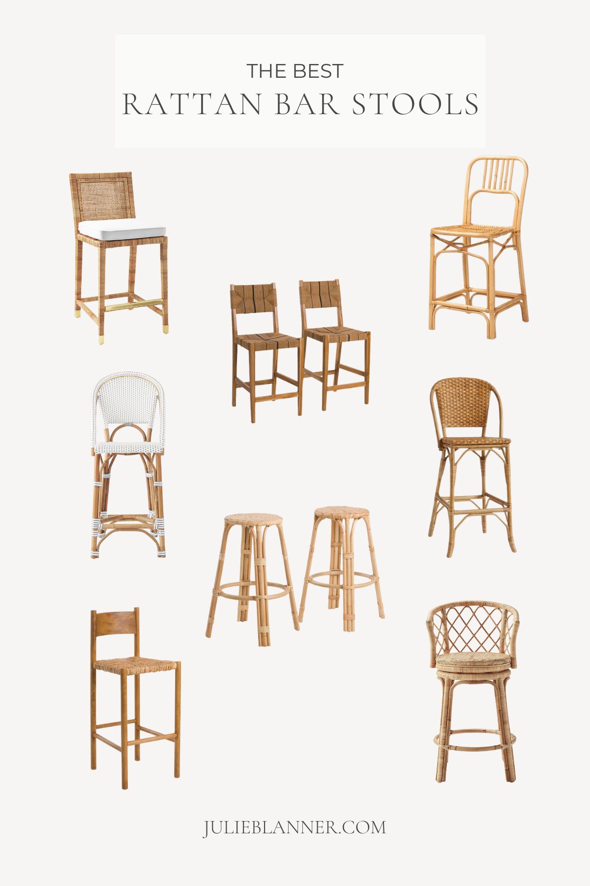 A graphic featuring a variety of rattan bar stools. Title reads "the best rattan bar stools" and the image is attributed to www.julieblanner.com across the bottom.