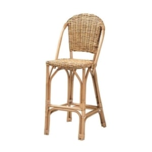 A single rattan bar stool against a white background.