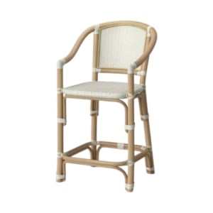 A white and beige rattan bar stool perfect for any space.