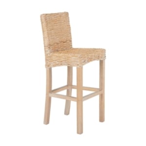 A rattan bar stool with a wooden seat.
