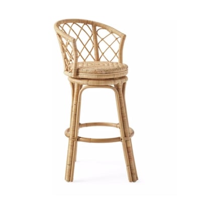 This bar stool features a rattan frame with a wooden seat.