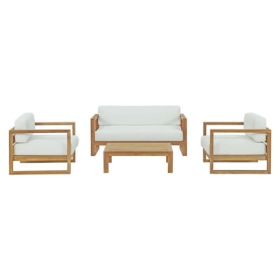 a teak and white modern RH dupe outdoor patio set