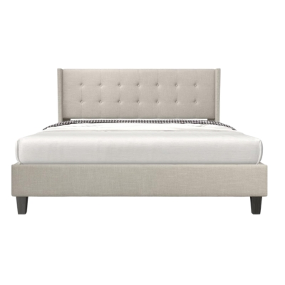 An upholstered bed with a headboard and footboard.