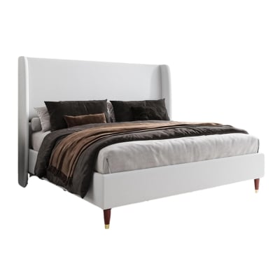 Modified Description: A white bed with a wooden headboard and footboard, featuring upholstered details.