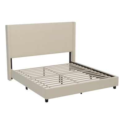 An upholstered bed frame with a wooden slatted base.